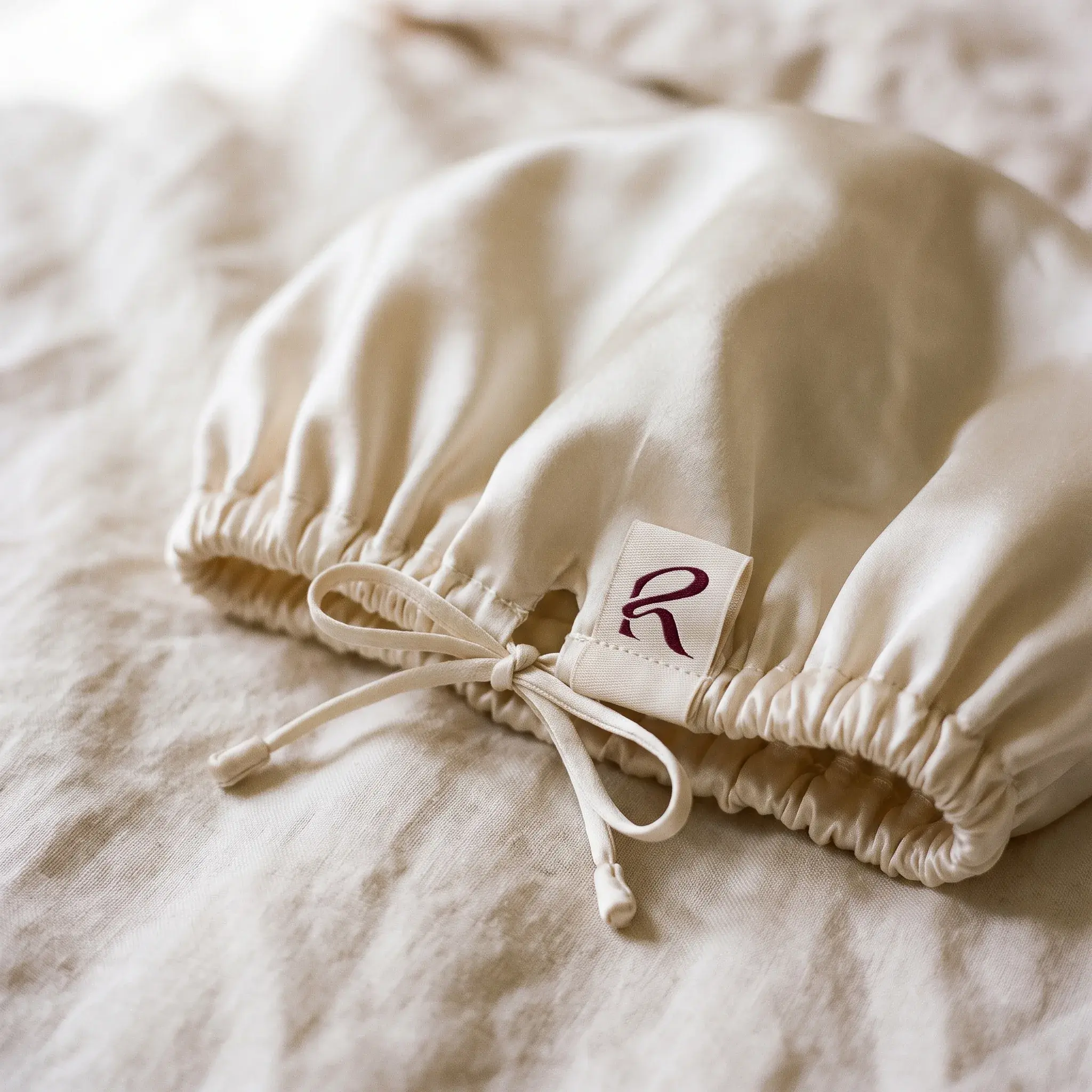 Close-up of the back of the bonnet: the tie and the small woven loop label with the Renvalle R, sewn into the band seam