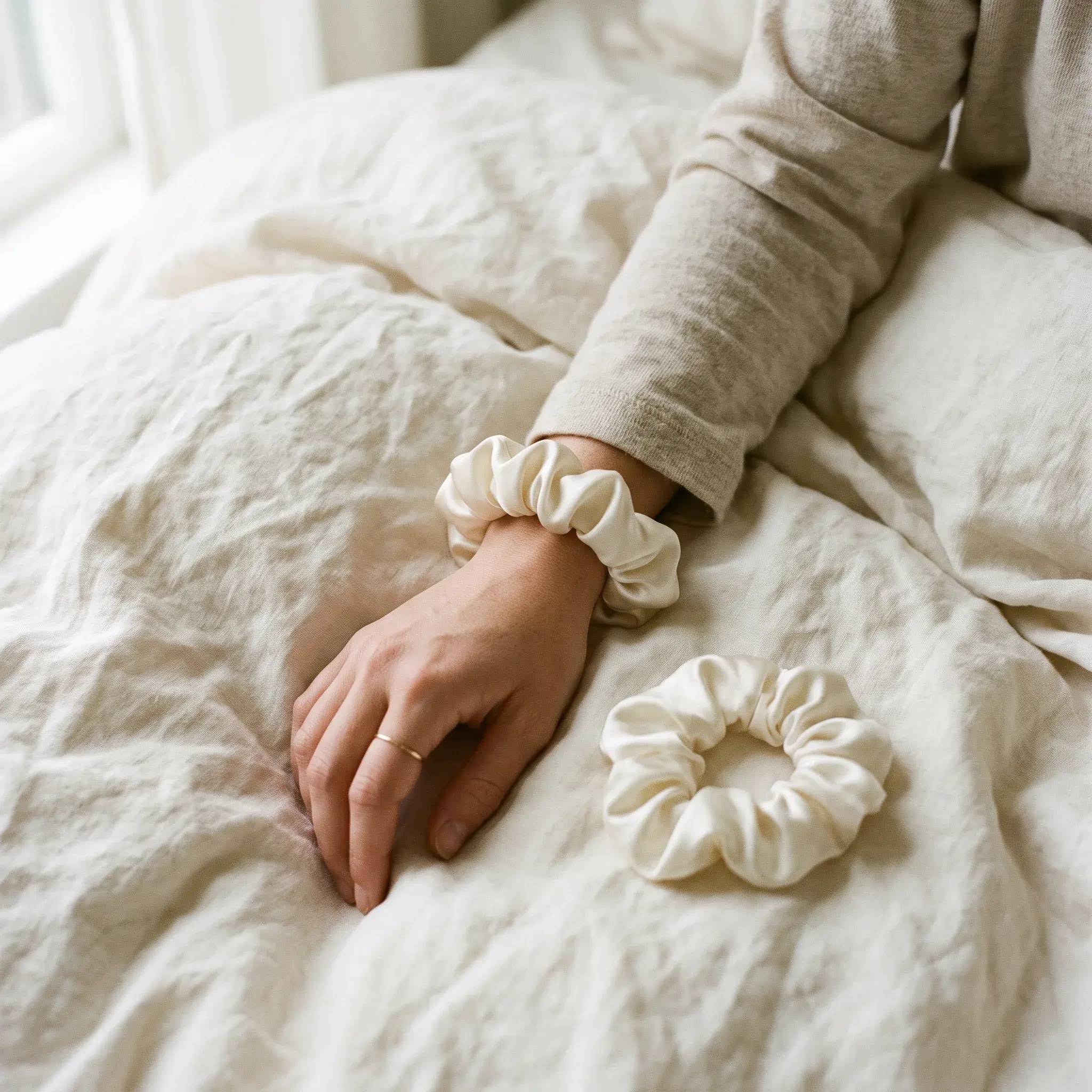 A silk scrunchie in Ivory on a wrist resting on linen