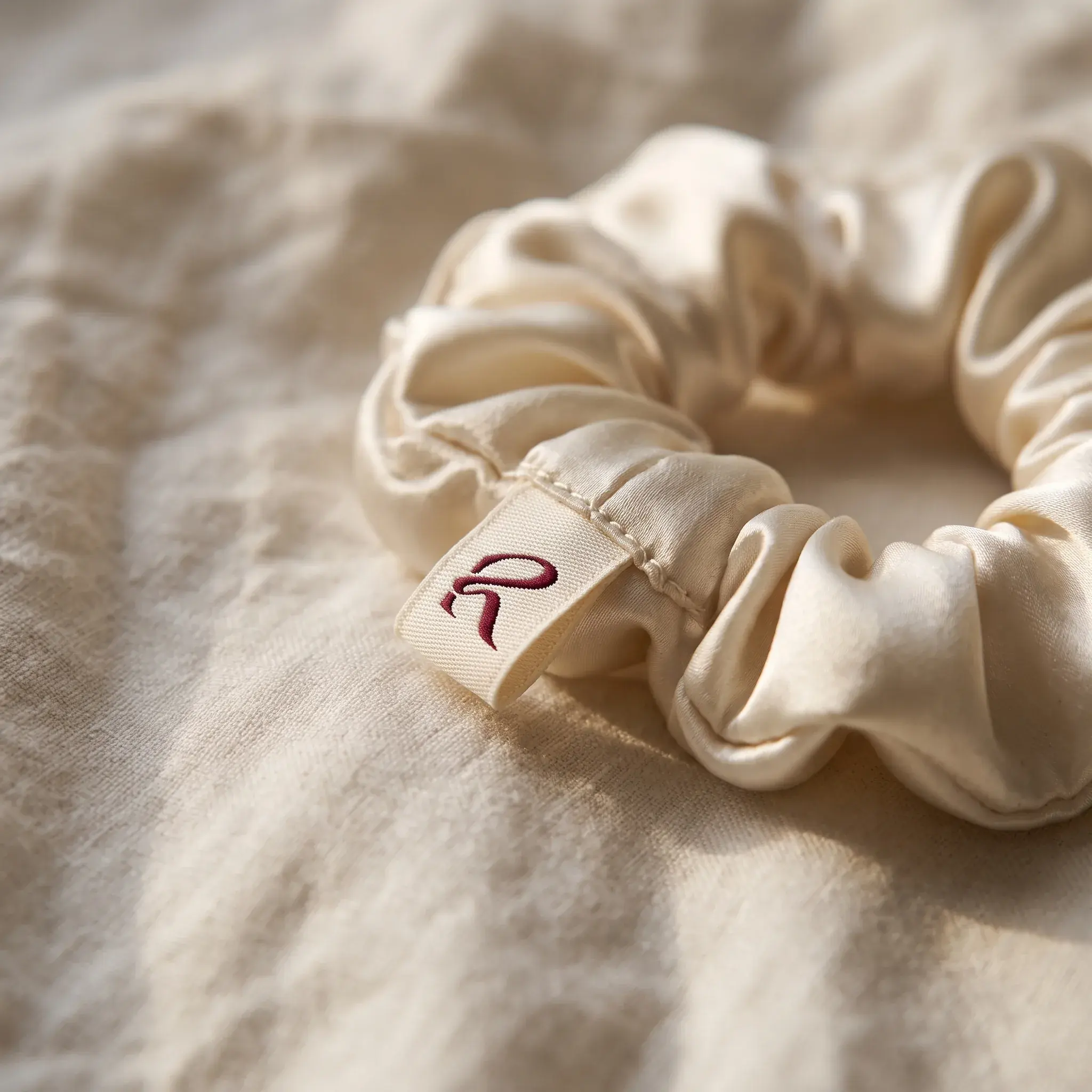 Close-up of a scrunchie: the small woven loop label with the Renvalle R, sewn into its closing seam