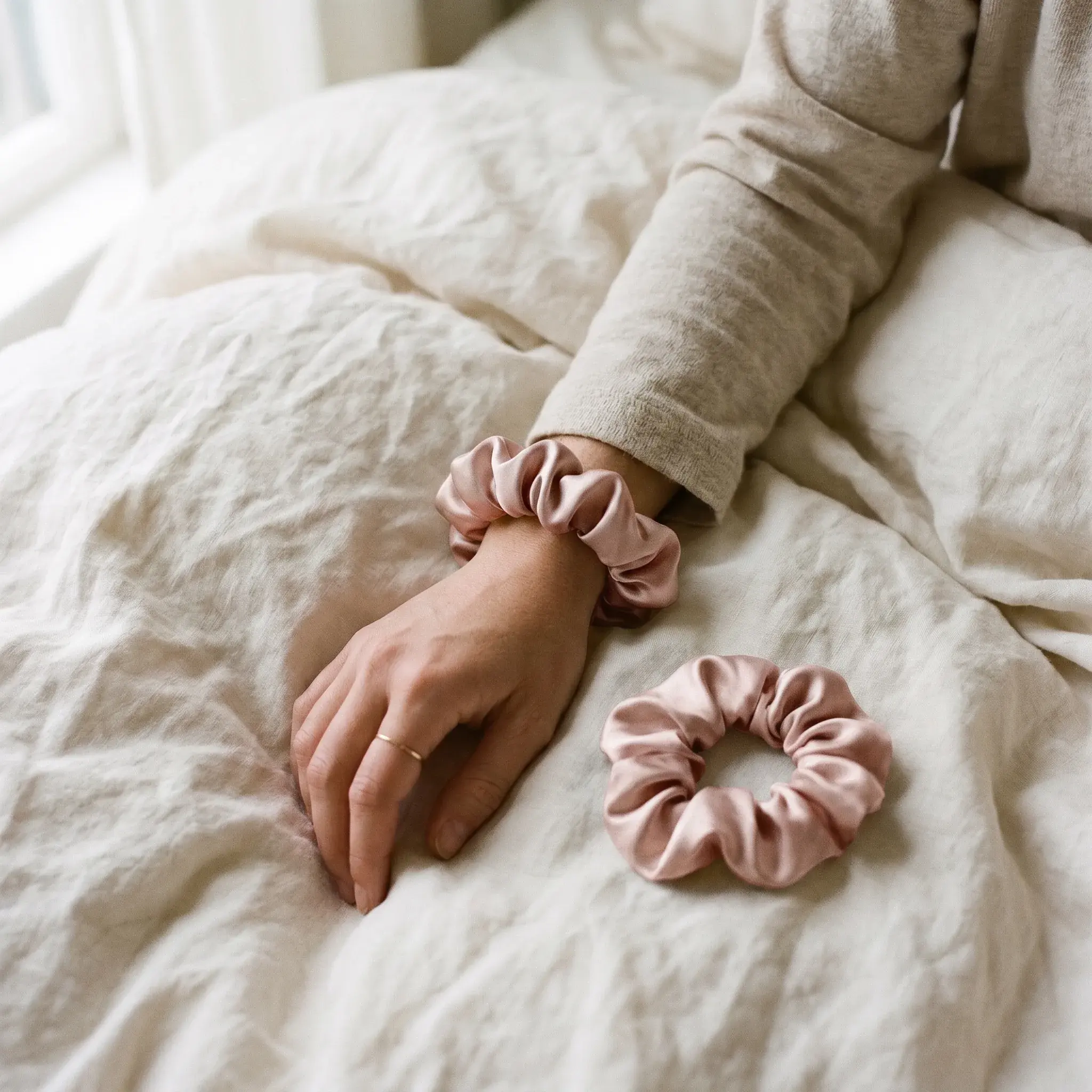 A silk scrunchie in Pink on a wrist resting on linen