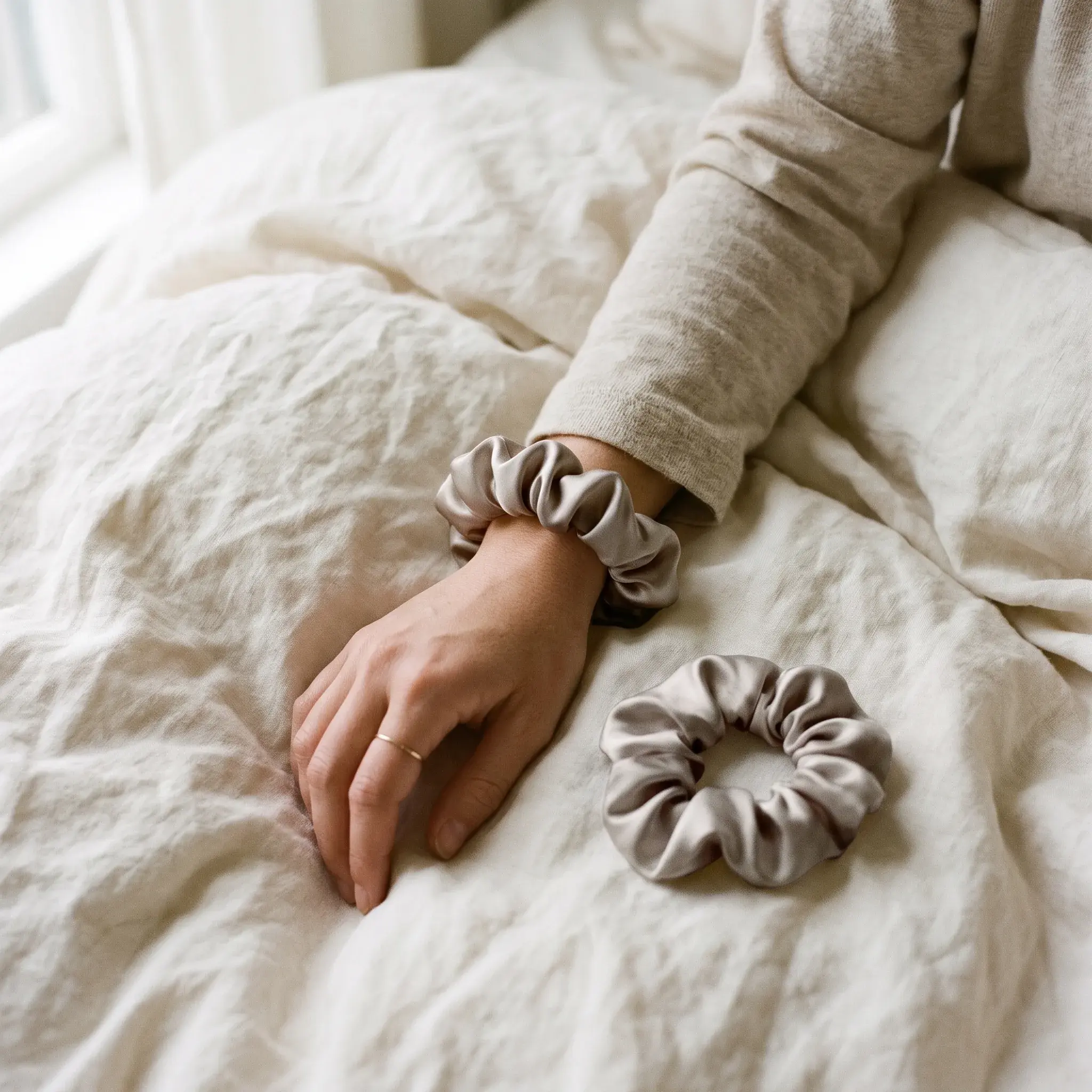 A silk scrunchie in Silver on a wrist resting on linen