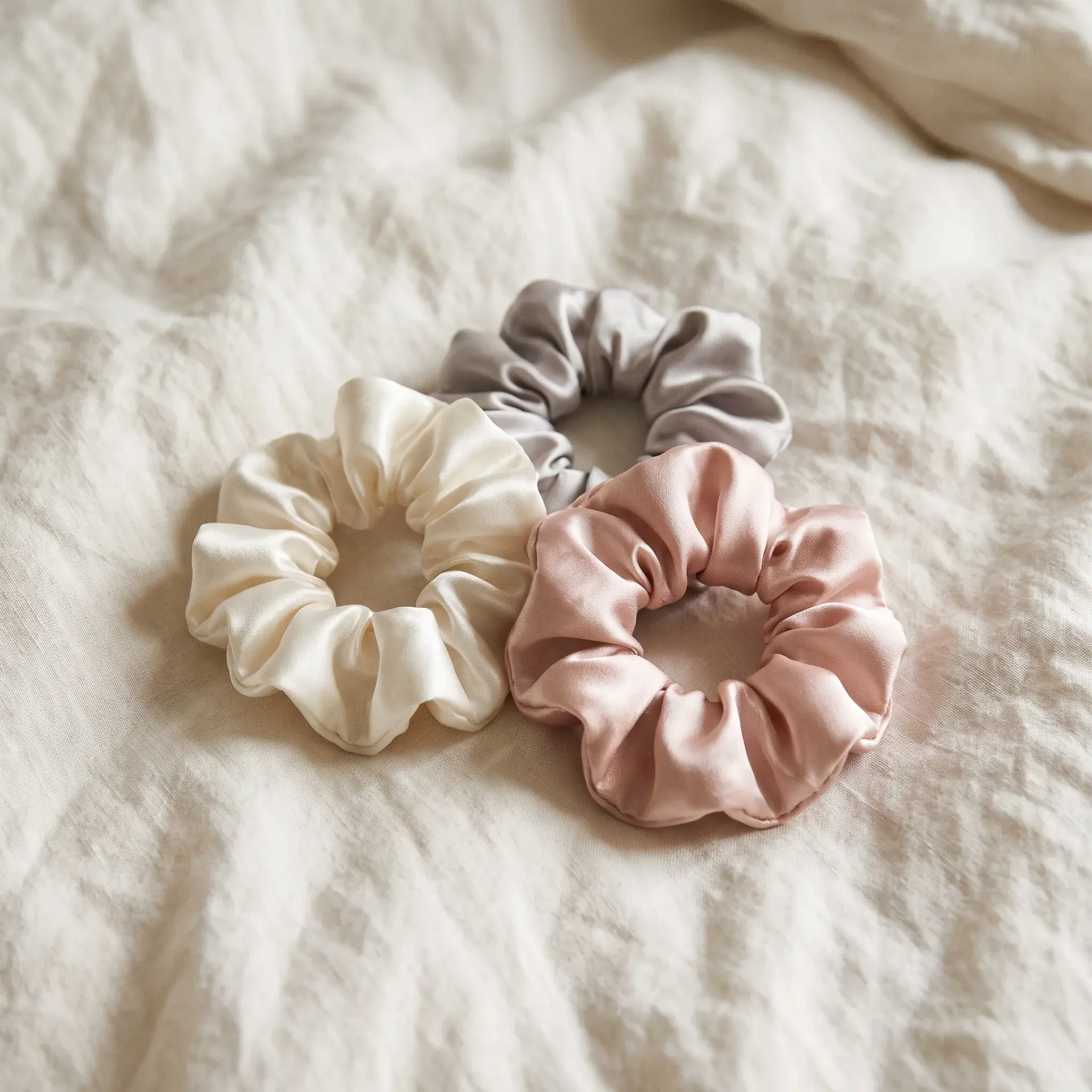 Three silk scrunchies, Ivory, Silver and Pink, on a linen duvet